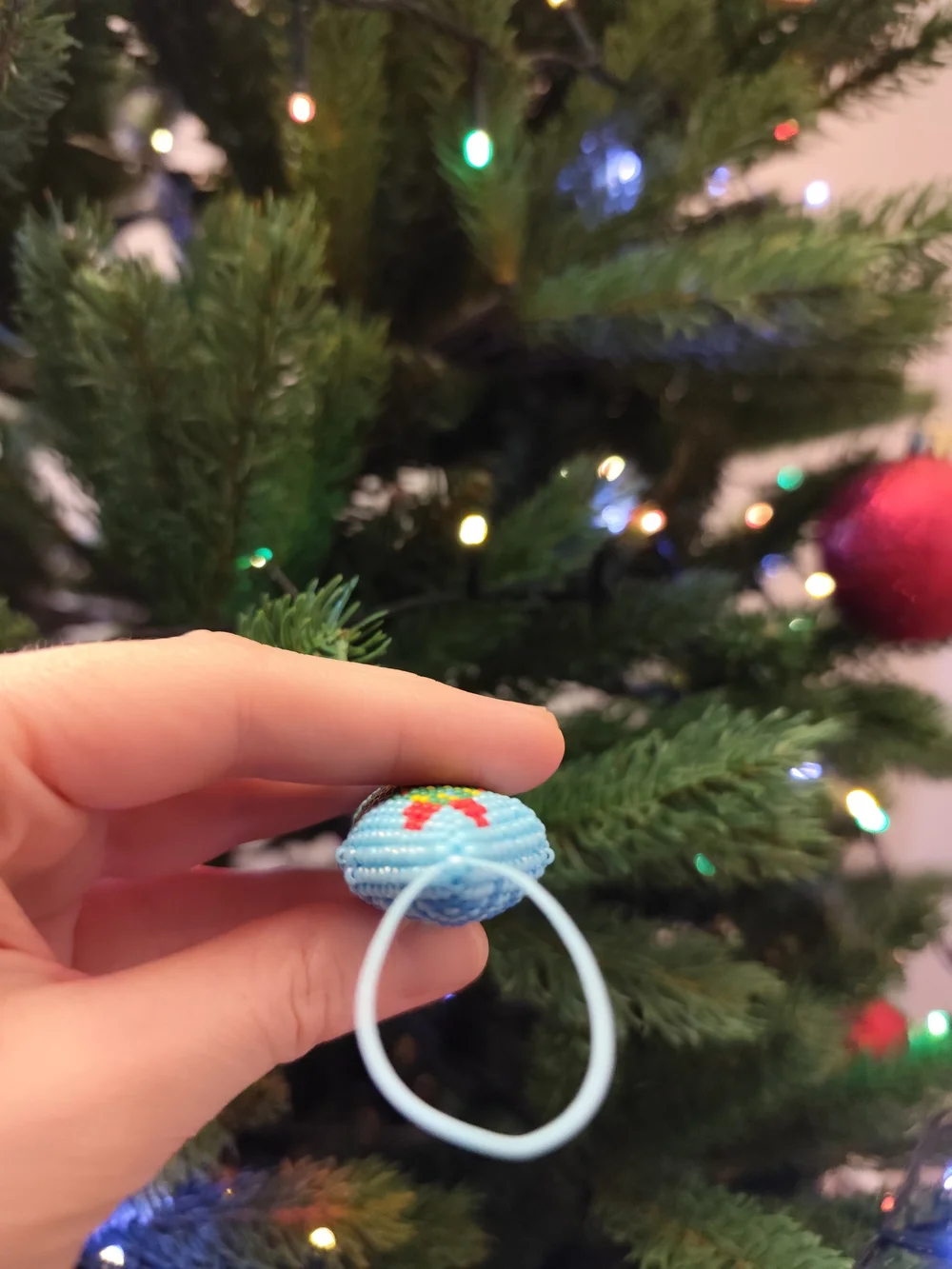 Blue Beaded Holiday Tree Ornament with Green Christmas Tree Design